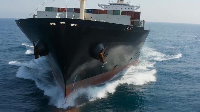 Large container ship sailing across open ocean carrying cargo containers, aerial view of maritime freight, global shipping and logistics transport