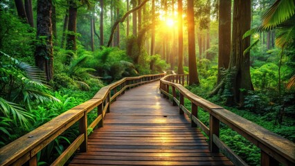 Fototapeta premium Tranquil wooden boardwalk through lush forest