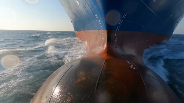 Close up of a container ship bulbous bow cutting through sea water with splashing waves, dramatic low angle view of a cargo vessel hull with draft marks and lens flare