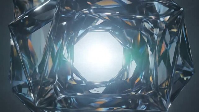 A glowing geometric crystal structure radiates light against a dark background