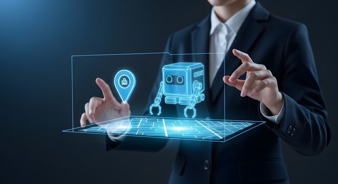 Professional Business Person Interacting with Artificial Intelligence Robot and Geolocation Map Interface in Virtual Reality