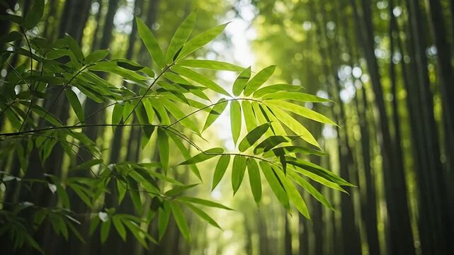 Fresh green bamboo leaves glowing in the soft morning sunlight of a dense forest