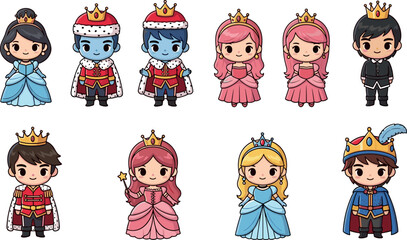 Cute royal characters vector illustration set with king queen prince and princess cartoon figures isolated on white background © Auwal