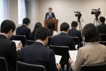 Obraz premium 記者席から見た会見場の質疑応答