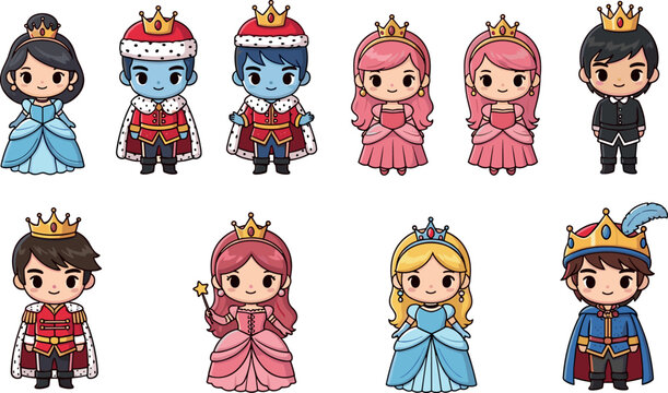 Cute royal characters vector illustration set with king queen prince and princess cartoon figures isolated on white background