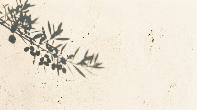 Shadow of an olive tree branch on a textured wall