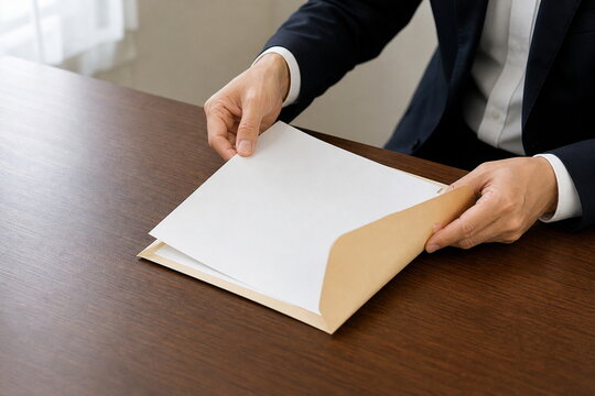 白紙書類を封筒に入れる手元