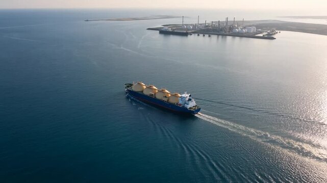 Aerial view of an LNG carrier approaching a liquefied natural gas export terminal at sunset, gas tanker sailing toward a coastal refinery with storage tanks by the sea