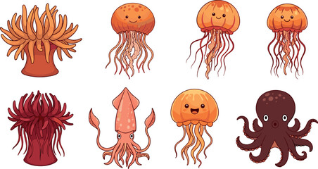 Cute sea creatures vector illustration set with jellyfish squid octopus and anemone cartoon characters isolated on white background © Auwal