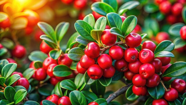 Bright red berries of bearberry cotoneaster with green leaves