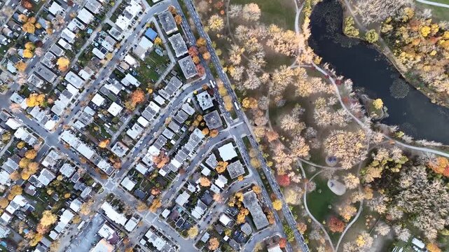 Aerial sunset view of Angrignon Park and Lachine Canal in Montreal, Quebec, Canada during autumn. g.