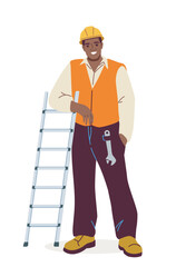 Obraz premium Male construction worker wearing a hard hat and safety vest, standing beside a ladder with tools on white background. Vector illustration