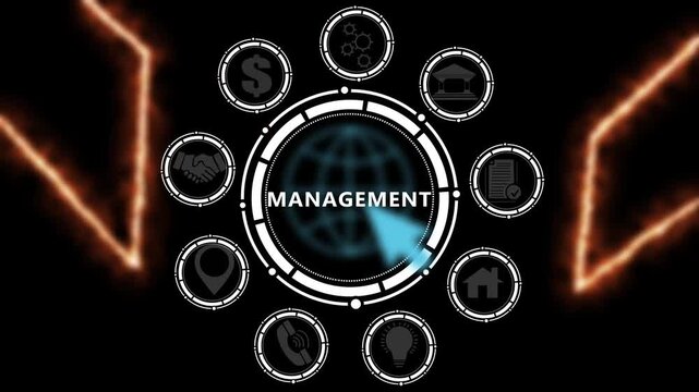 Modern business technology interface with MANAGEMENT text, gears and digital network icons. 4k animation