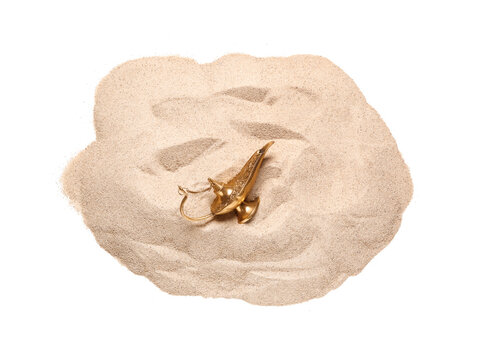 Lamp of Aladdin with sand on white background
