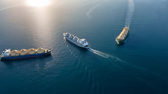 Aerial view of three LNG carriers sailing across the open sea in convoy, fleet of gas tankers with spherical Moss tanks transporting liquefied natural gas along a trade route