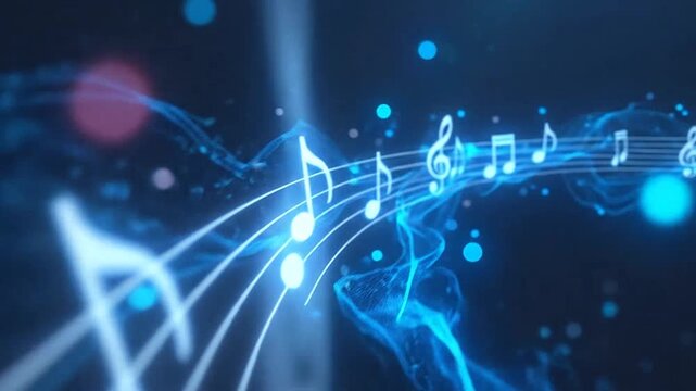 Abstract musical background with glowing blue notes and flowing light waves