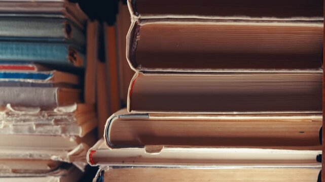Old Books Stack Close-Up: Different Angle Showing Aged Spines and Worn Pages on Wooden Shelf in Slow Motion | Macro Shot of Antique Literature and Vintage Library