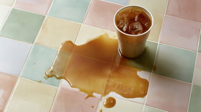 Accidental Spill of Iced Coffee or Tea on a Colorful Tiled Surface