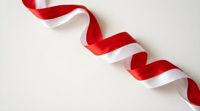 Flowing Red and White Satin Ribbon Border on White Background with Copy Space