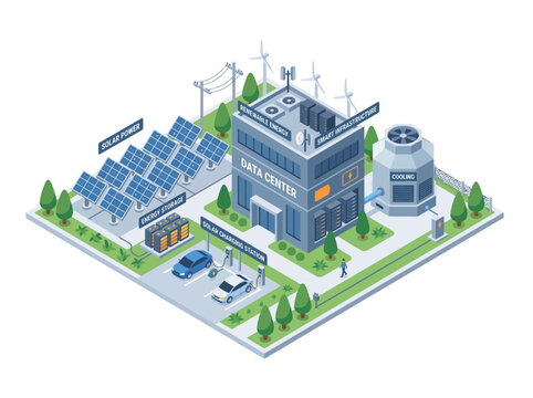 Modern Sustainable Data Center with Renewable Energy Sources and Green Technology Isometric View