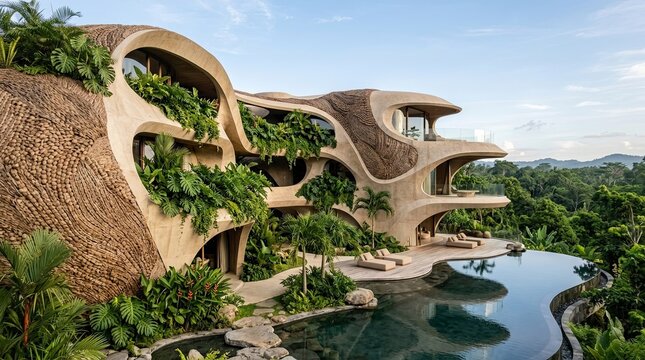 Immersive Biomorphic Architecture Concept Nestled Within a Verdant Tropical Jungle, Showcasing a Luxurious Infinity Pool and Seamless Integration with Nature