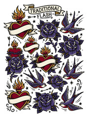 Obraz premium Nautical Traditional Tattoo Flash Art with Hearts Roses and Swallows Design Elements