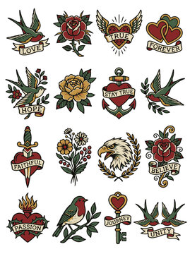 Nautical Themed Traditional Tattoo Style Graphic Elements Collection Featuring Love Hope and Passion Symbols