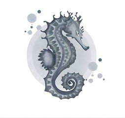A seahorse is seen swimming in the ocean. Bubbles are around it, and the background is simple with blue details. This is a creative representation of underwater life. © Олена Пляка