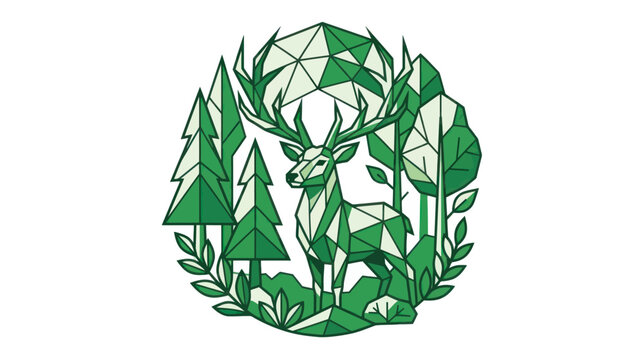 Geometric deer stag standing in a forest with pine trees