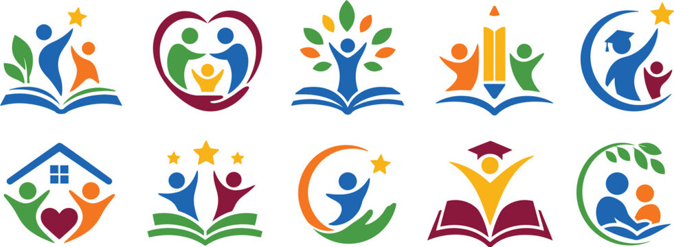 Collection of ten colorful vector logos featuring students, families, open books, stars, graduation caps, leaves, hearts, pencils, and learning symbols. Suitable for schools, academies, childcare cent