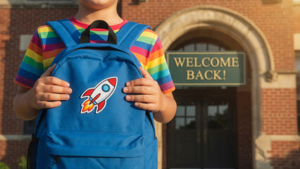 Fototapeta premium Child hands holding blue school backpack with rocket patch at school entrance, first day of school and education