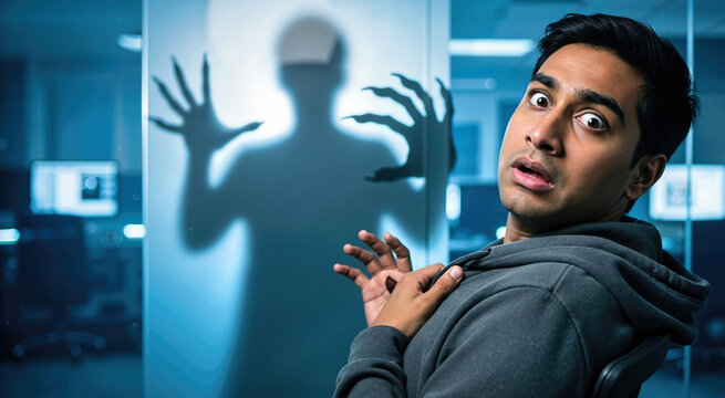 Panicked young indian man looking at a terrifying vampire shadow on frosted office glass. Suspenseful horror concept in a dark workplace