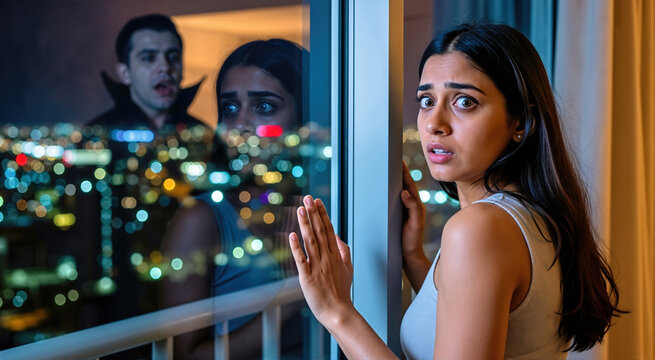 Terrified young woman by a high-rise window with a vampire reflection. Horror and suspense concept with spooky monster and city lights bokeh at night