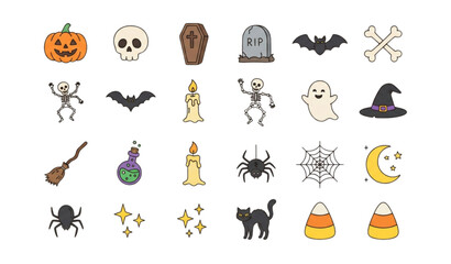 Fototapeta premium Colorful Hand Drawn Halloween Elements Collection Cartoon Spooky Icons Vector Illustration