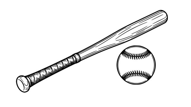 Baseball Bat and Ball with Detailed Texture and Stitching in Black and White Illustration Featuring Sports, Equipment, Game
