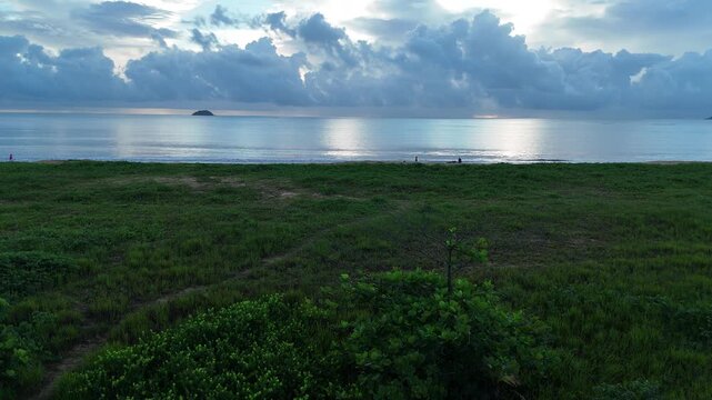 Smooth drone ascent over the coastal vegetation of Montjoly Beach at sunrise, revealing the calm Atlantic Ocean with dramatic clouds and soft morning reflections in French Guiana. Peaceful tropical co