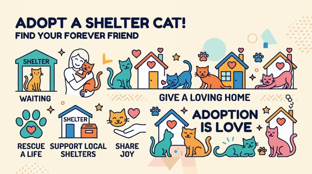 Adopt a Shelter Cat Illustration Set for Animal Rescue Awareness.
