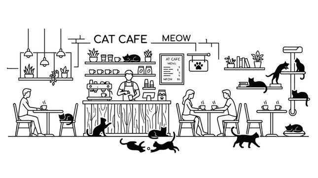Hand drawn cat cafe interior scene with customers and cats.
