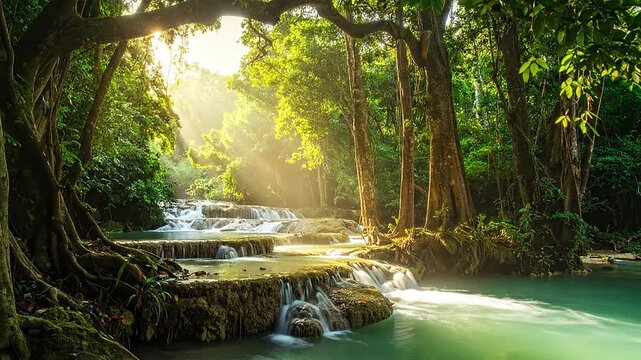 A serene tiered waterfall flows through a lush tropical forest with golden sunlight filtering through trees