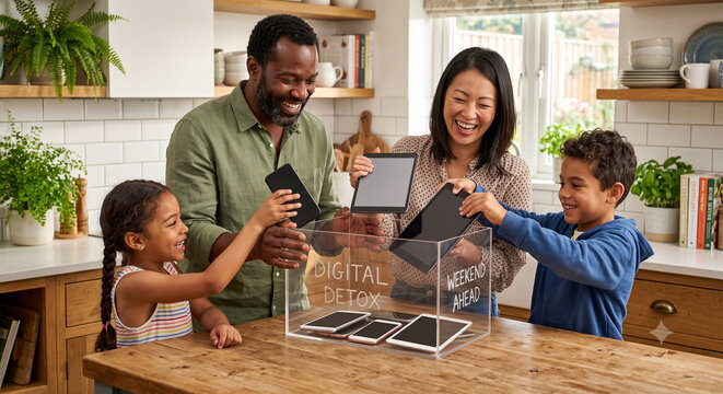 Happy diverse family putting smartphones in lockbox for digital detox.