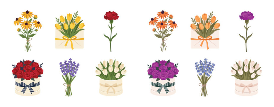 Set of beautiful flower bouquets and floral arrangements in gift boxes and envelopes