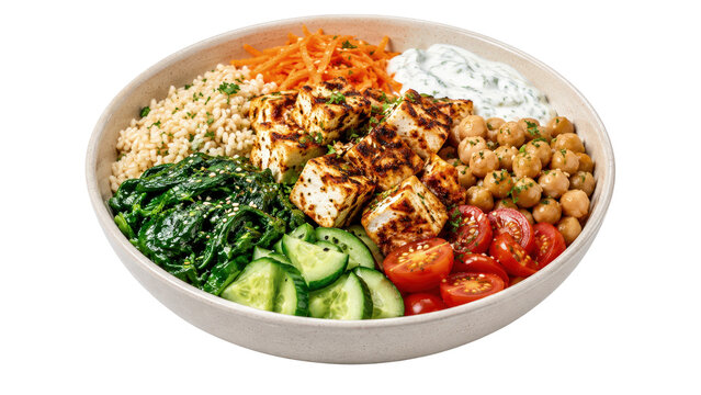 Vegetarian Grain Bowl with Grilled Tofu and Fresh Vegetables