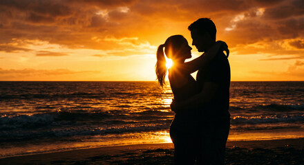 Fototapeta premium Romantic silhouette of a couple hugging and looking at each other during sunset at the beach