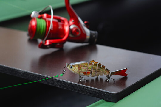 Close-up of a realistic multi jointed swimbait fishing lure connected to braided fishing line with a spinning reel blurred in the background. Concept recreational fishing and freshwater angling.