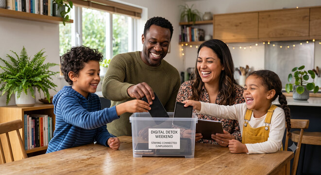 Happy diverse family putting smartphones in lockbox for digital detox.