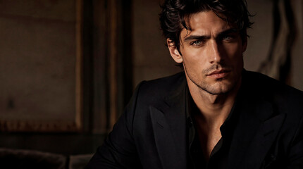 Fototapeta premium A sophisticated and moody editorial portrait of a handsome, confident young man with dark hair and blue eyes, wearing a black tailored suit and an unbuttoned shirt. Shot in a high-fashion, medium-form
