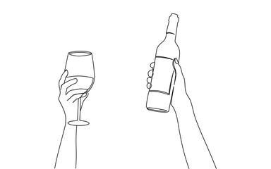 Fototapeta premium Continuous one line drawing of hand holding wine glass and bottle. Champagne toast and cheers in simple linear style. Alcohol and cocktail drink menu in editable stroke. Doodle vector illustration