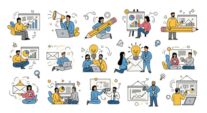 Creative team brainstorming diverse ideas in collaborative office environment with dynamic flat illustration style