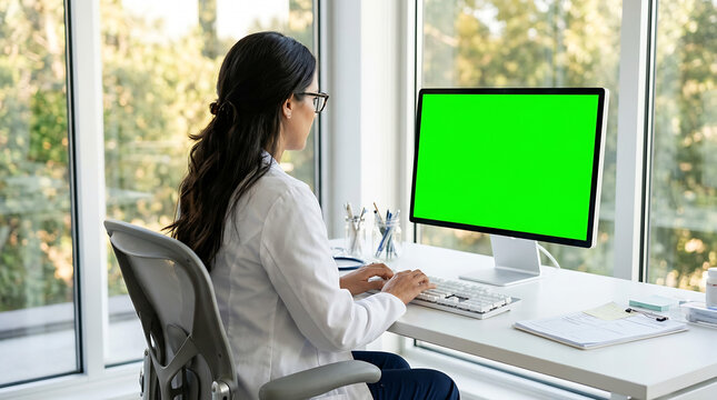 A professional female physician wearing a clean white lab coat and glasses sits at a desk while typing on a computer keyboard in front of a bright green chroma screen.