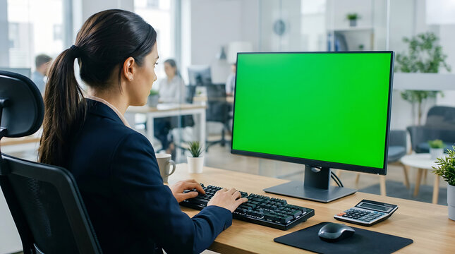 A focused professional woman in a dark navy business suit sits at her wooden desk while typing on a black keyboard in front of a large bright green computer screen.